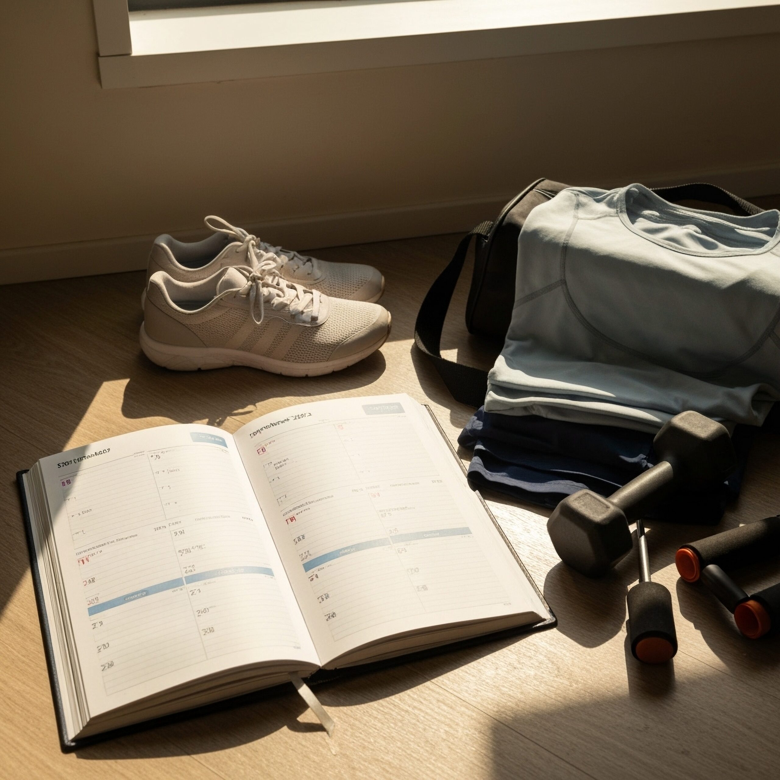 Objetos deportivos junto a una agenda abierta por el mes de septiembre Septiembre es un mes de nuevos comienzos